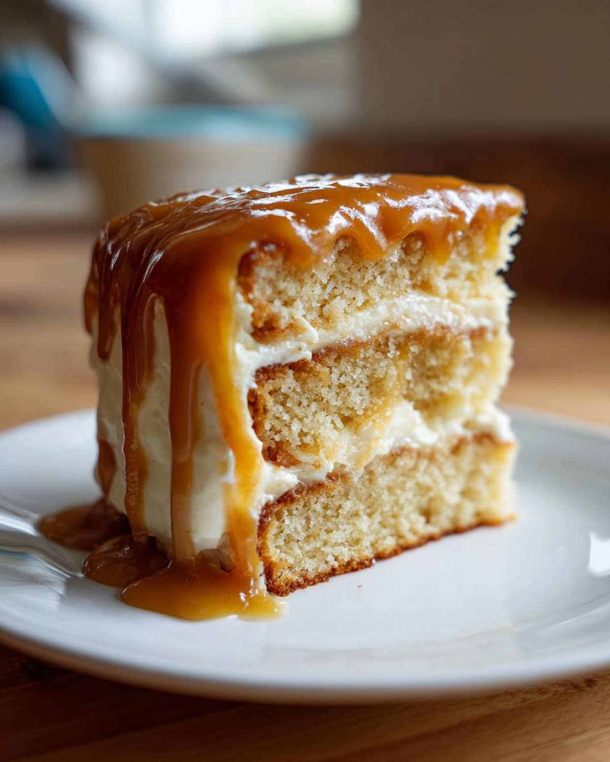 Close-up of a decadent slice of caramel cake layered with frosting and topped with rich, dripping caramel sauce.