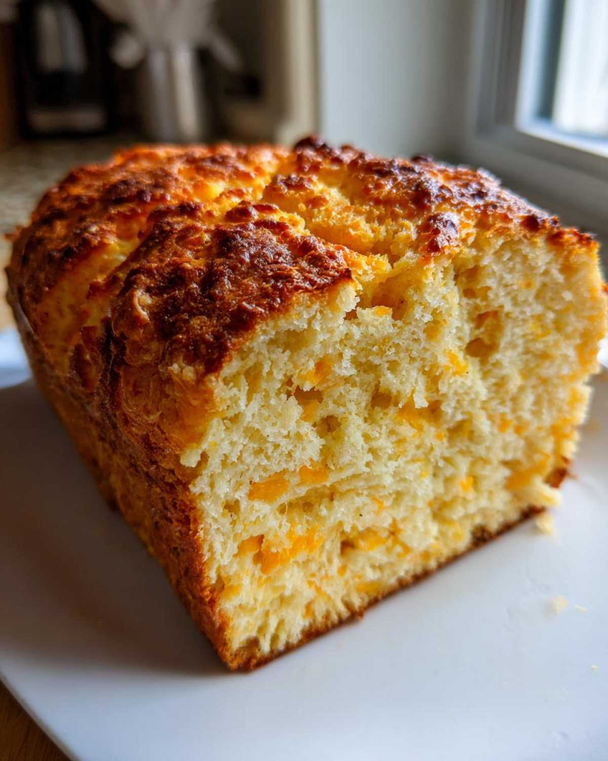 A close-up of a freshly baked loaf of cheese beer bread showing a golden, crusty top and cheesy interior.