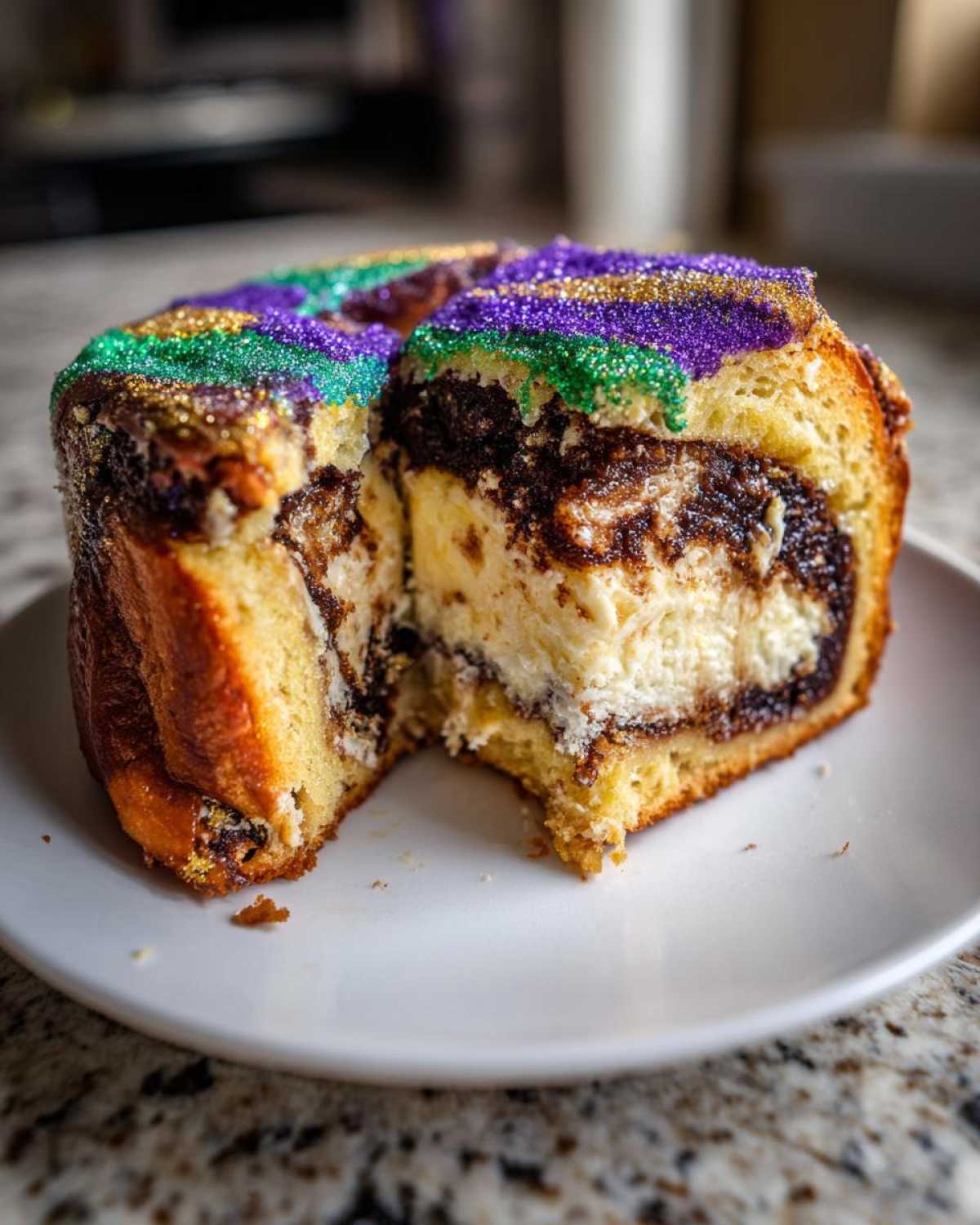 A slice cut from a rich, cheesecake-filled king cake topped with purple, green, and gold Mardi Gras sprinkles.
