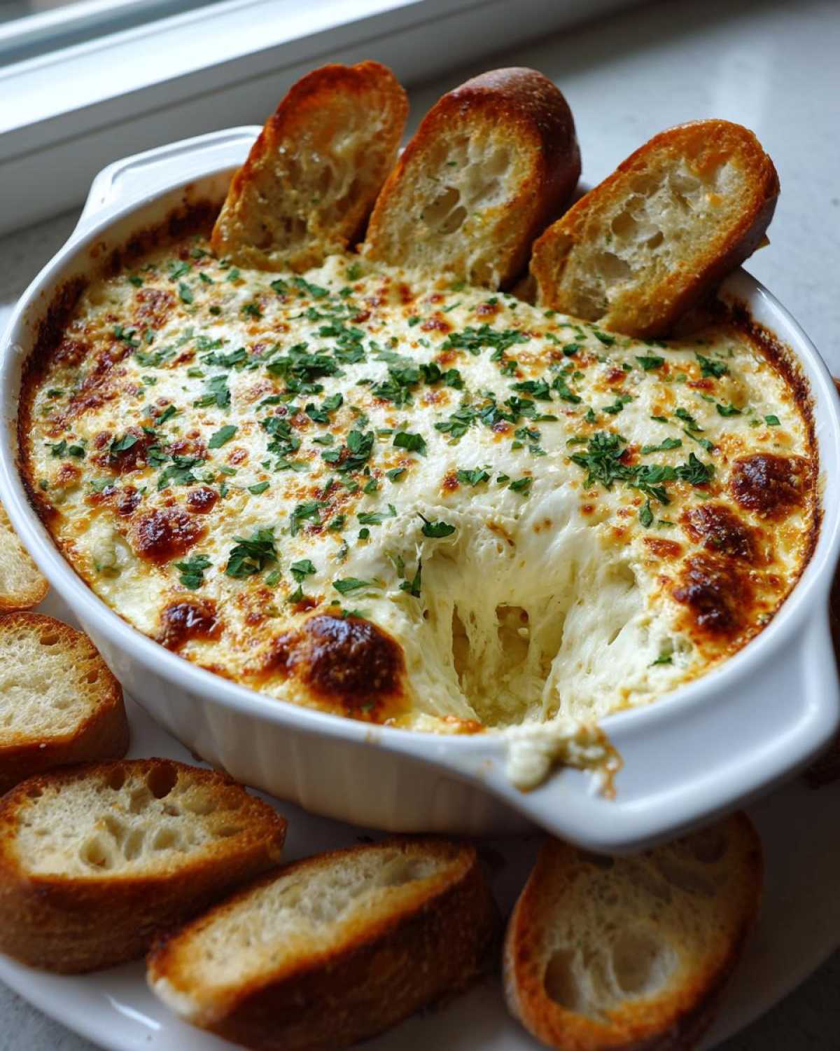 A close-up of a hot, cheesy bread dip in a white baking dish, garnished with parsley and served with toasted baguette slices.
