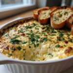 Hot, cheesy baked bread dip topped with parsley, served with toasted baguette slices for dipping.