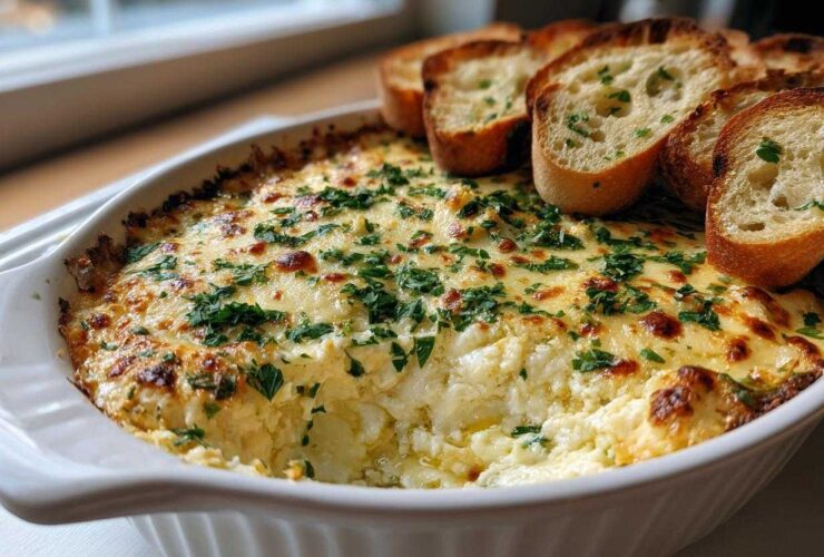 Hot, cheesy baked bread dip topped with parsley, served with toasted baguette slices for dipping.