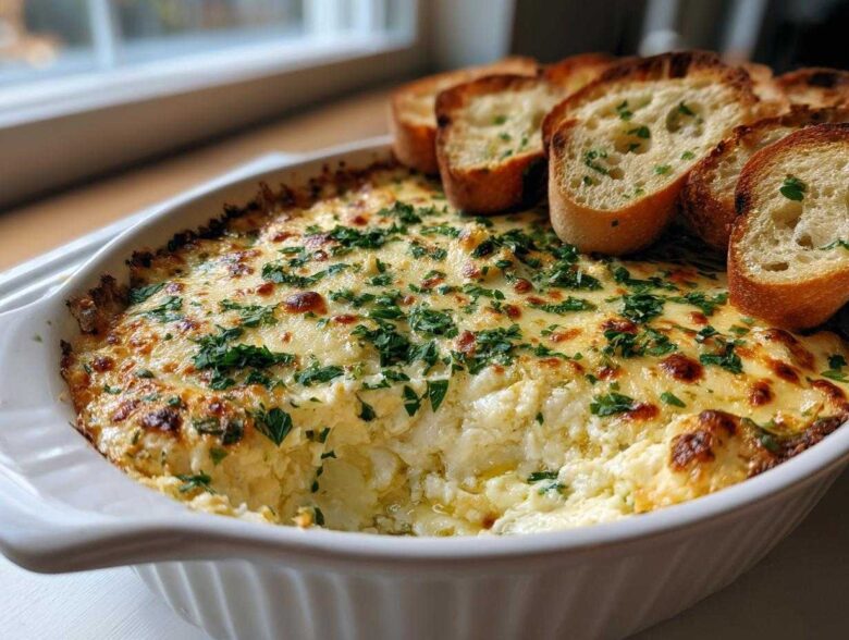 Hot, cheesy baked bread dip topped with parsley, served with toasted baguette slices for dipping.