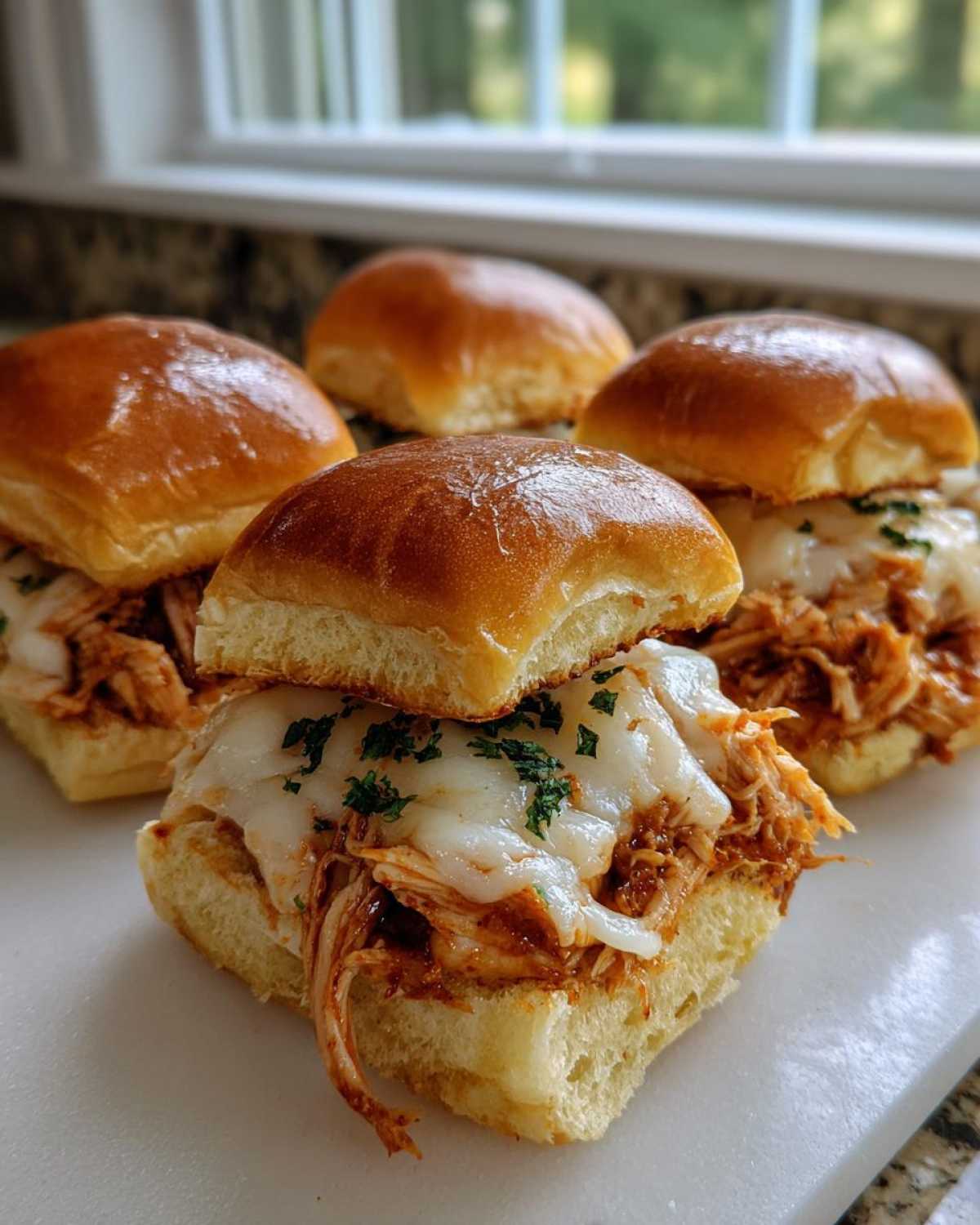 Close-up of cheesy bbq chicken sliders piled high on soft rolls, garnished with parsley.