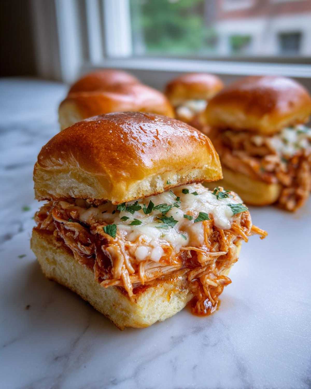 Close-up of a delicious bbq chicken sliders sandwich topped with melted white cheese and parsley.