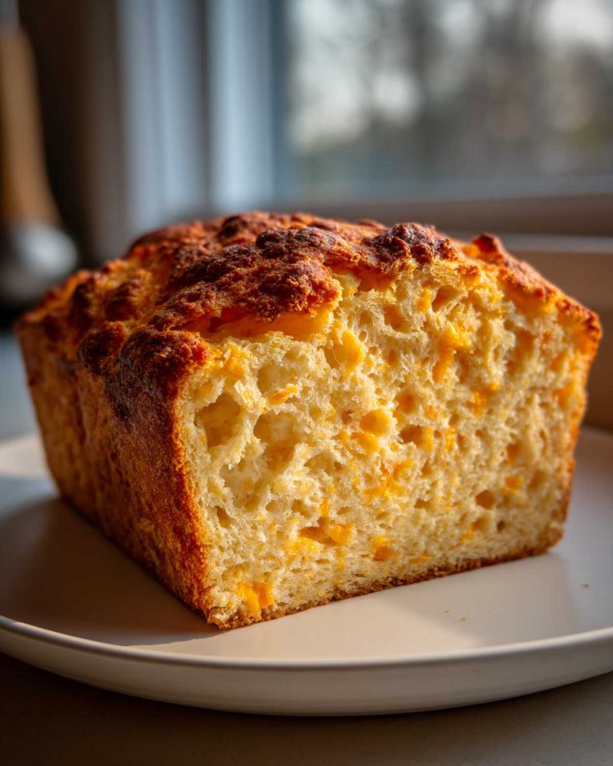 Close-up of a freshly baked beer bread loaf, showing a golden crust and a soft interior studded with melted cheddar cheese.
