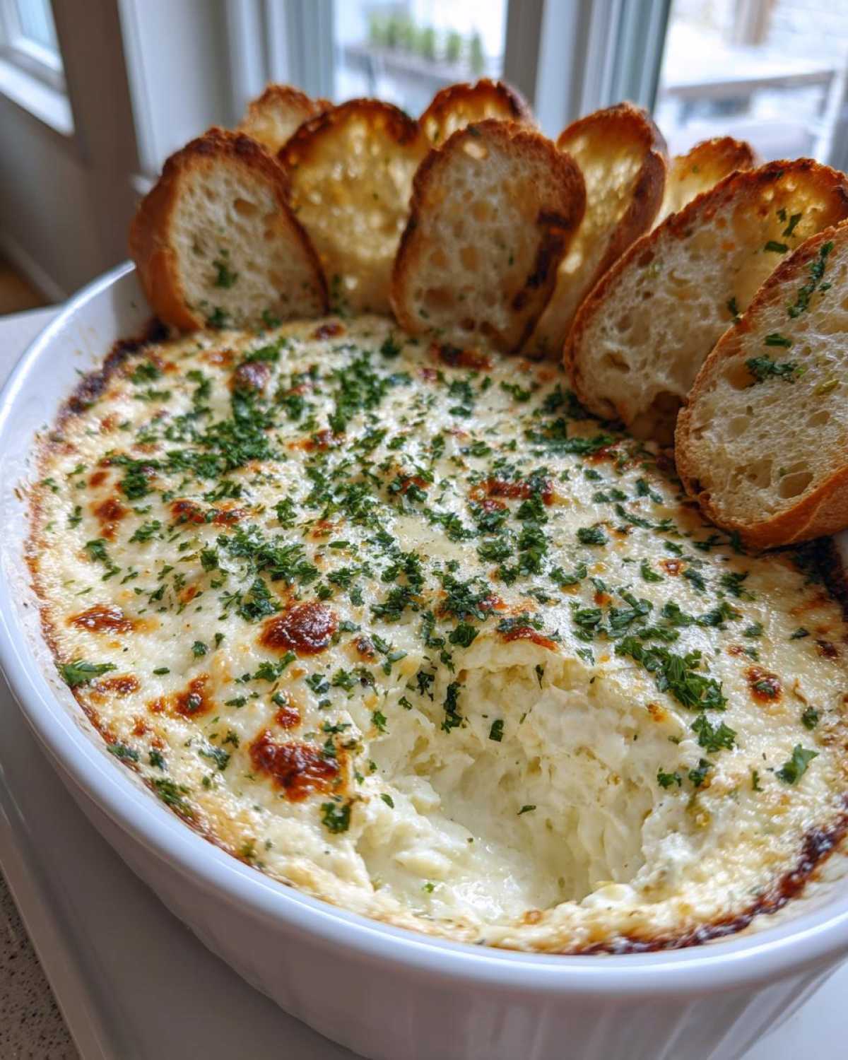 Hot, cheesy bread dip in a white oval dish, garnished with parsley and surrounded by toasted bread slices.