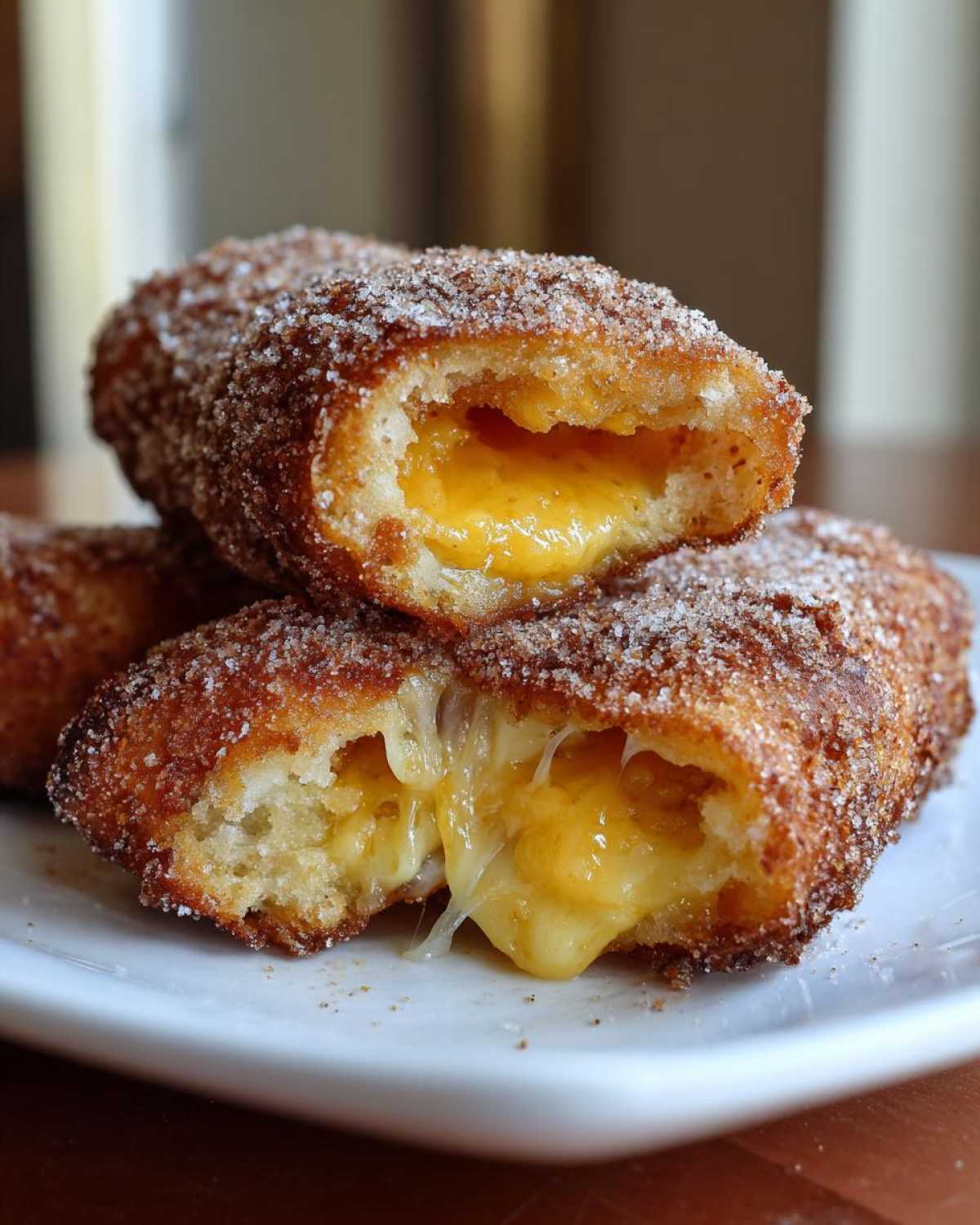 Close-up of a cheesy korean corn dog cut in half, showing melted cheese stretching inside a sugar-coated, crispy exterior.