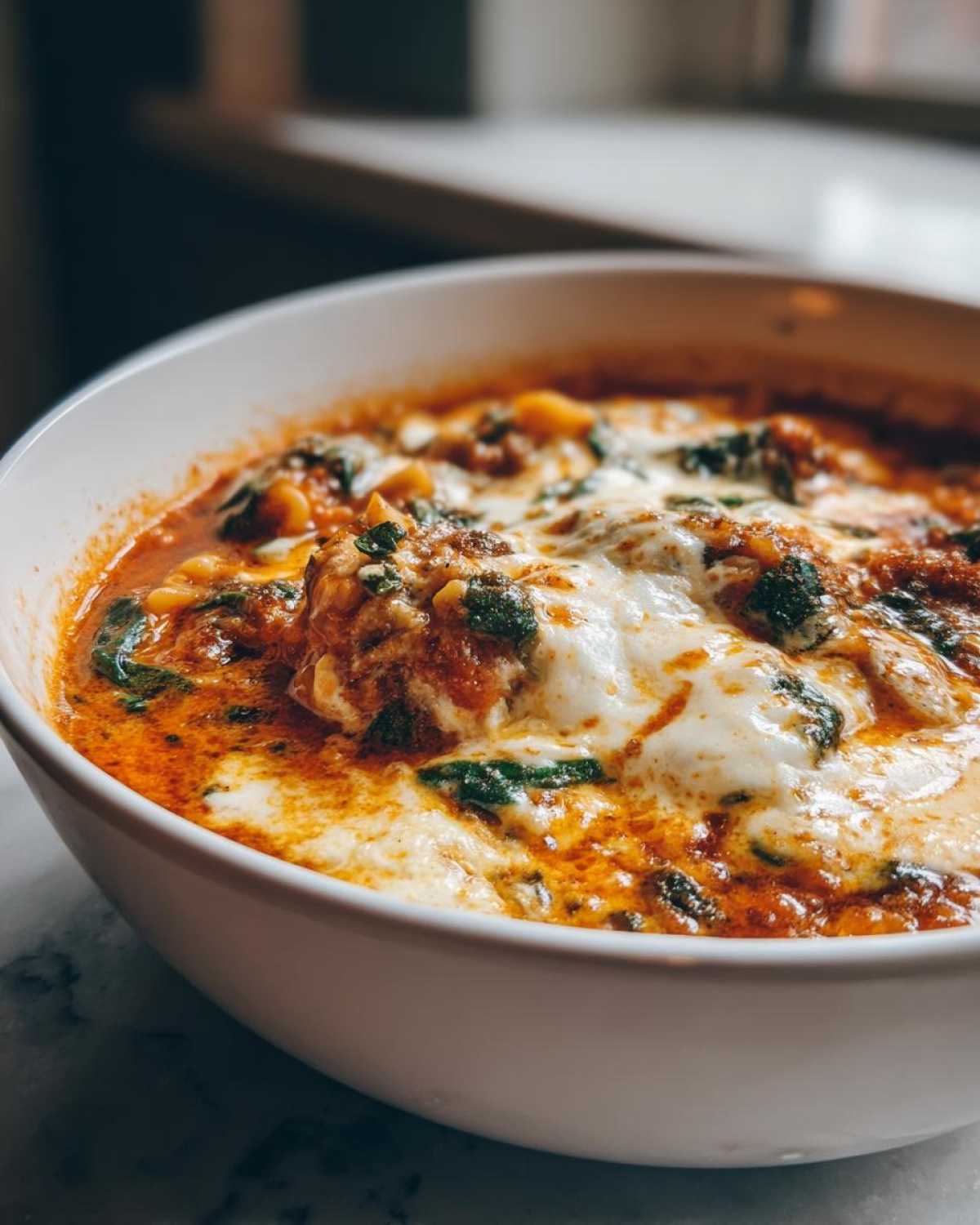 A close-up view of a steaming bowl of rich, tomato-based one pot lasagna soup topped with melted mozzarella cheese and herbs.