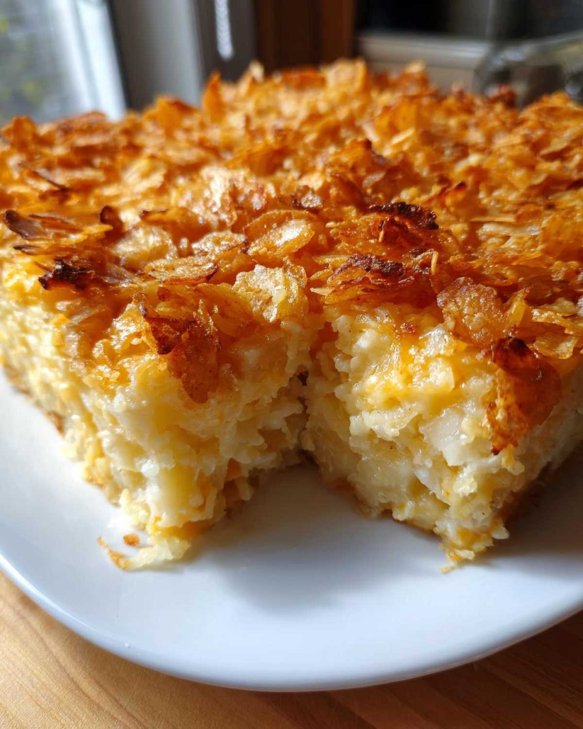 A square portion of creamy, cheesy potato casserole with a golden, crunchy topping, served on a white plate.