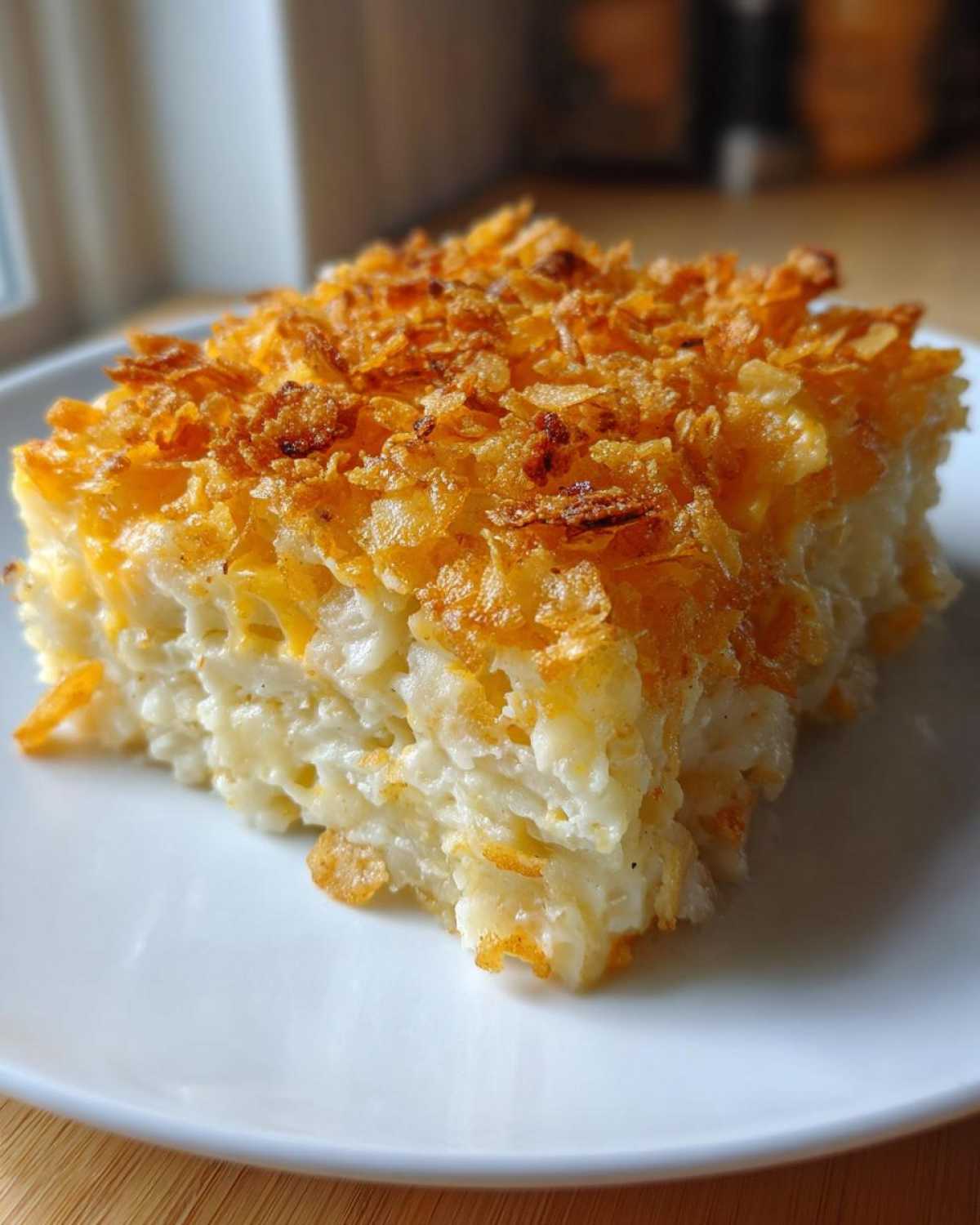 A square serving of creamy, cheesy potato casserole topped with a golden, crispy cornflake crust.