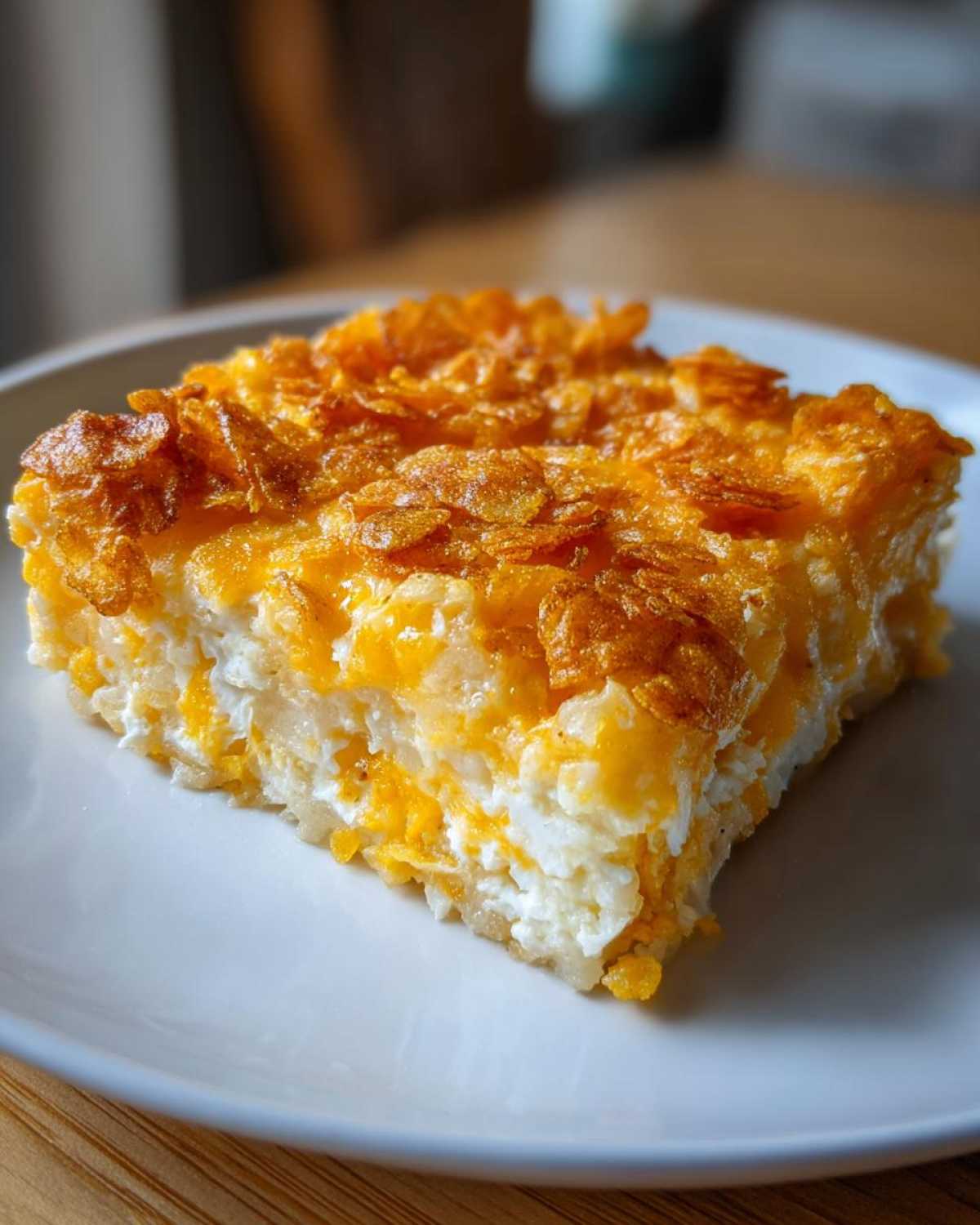 A square slice of cheesy potato casserole topped with crunchy, golden cornflakes sits on a white plate.