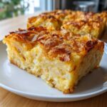 A square slice of cheesy potato casserole with shredded potatoes and a golden, crispy topping, served on a white plate.