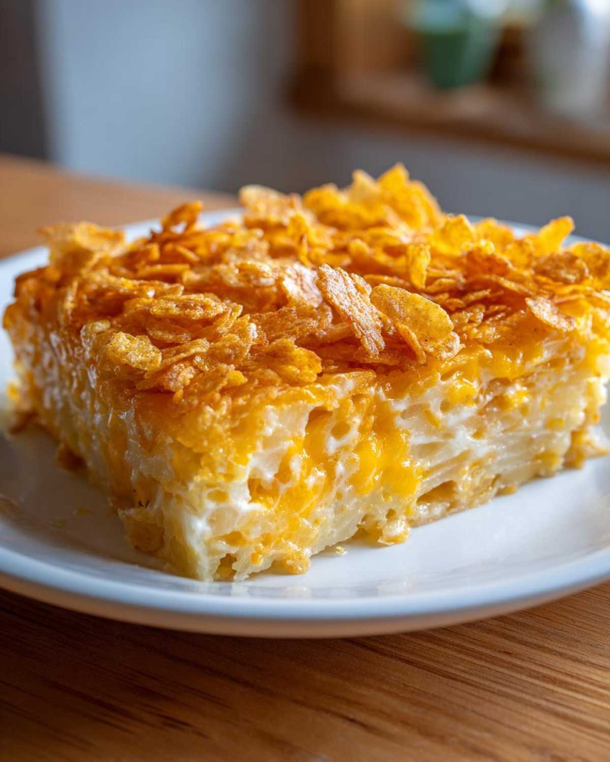 A square serving of cheesy potato casserole topped with golden, crunchy cornflakes on a white plate.