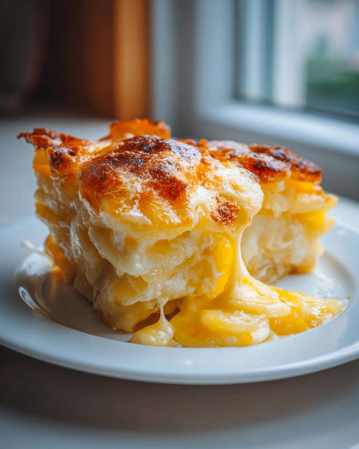 A decadent, cheesy slice of scalloped potatoes with a perfectly browned, bubbly top, oozing sauce onto a white plate.