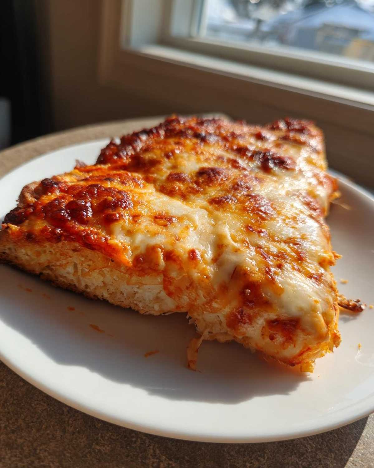 A close-up slice of pizza with melted, browned cheese on a white plate, showcasing the thick keto pizza crust.