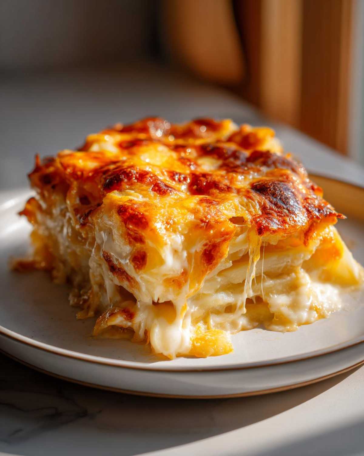 A decadent slice of layered potato casserole with melted, gooey cheese oozing out, baked to a golden brown.