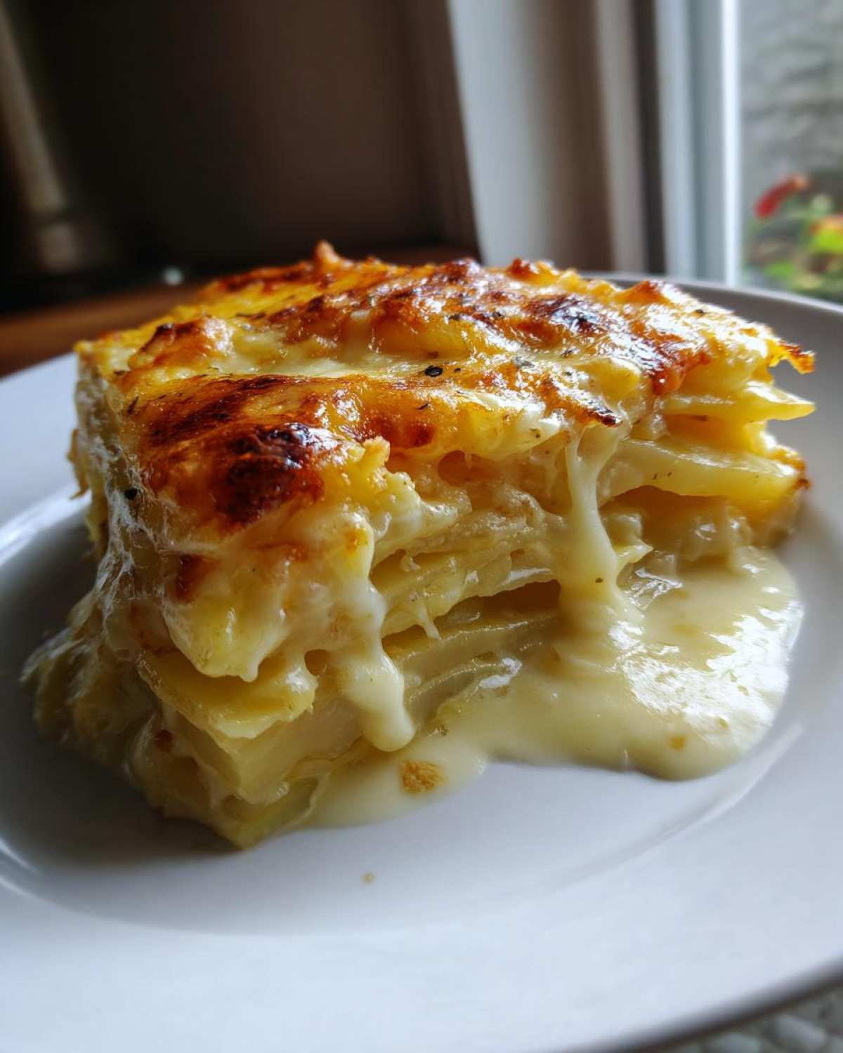 A thick, decadent slice of cheesy scalloped potatoes with a golden-brown crust and creamy sauce oozing out.