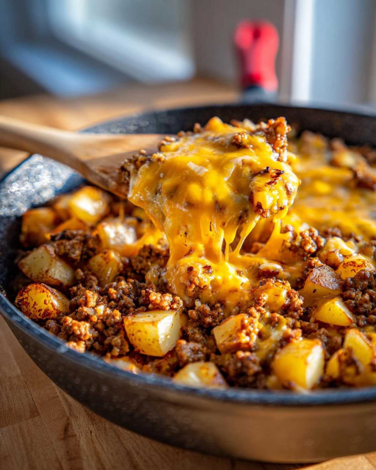 A wooden spoon lifts a portion of Cheesy Taco Potatoes covered in dripping, melted cheddar cheese from a cast iron skillet.