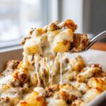 A spoonful of Cheesy Taco Potatoes lifted from the pan, showing long, gooey cheese strings.