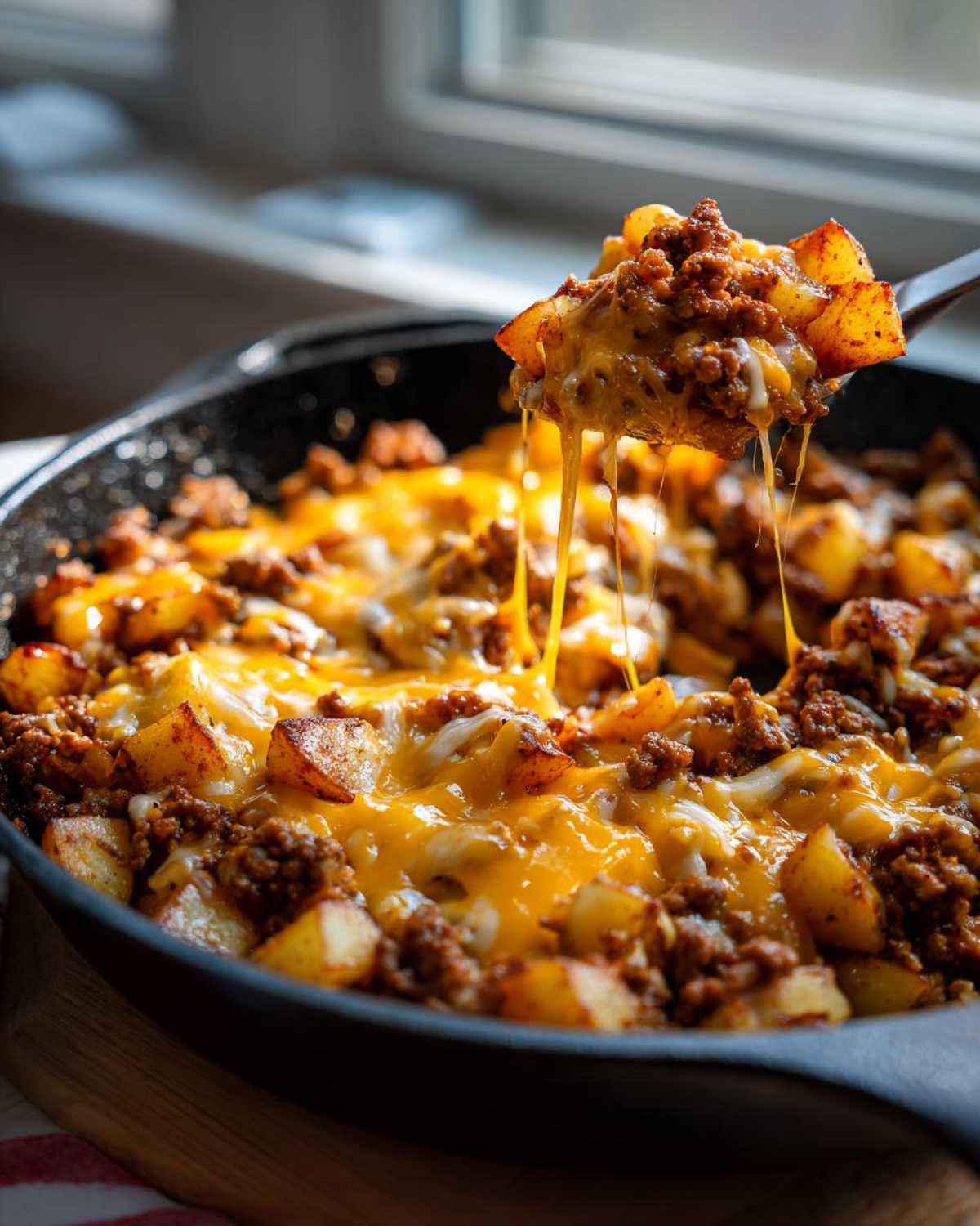 A spoonful of Cheesy Taco Potatoes showing melted, stretchy cheese pulling away from the skillet.