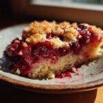 Close-up of a moist slice of cherry dump cake with a buttery crumble topping on a rustic plate.