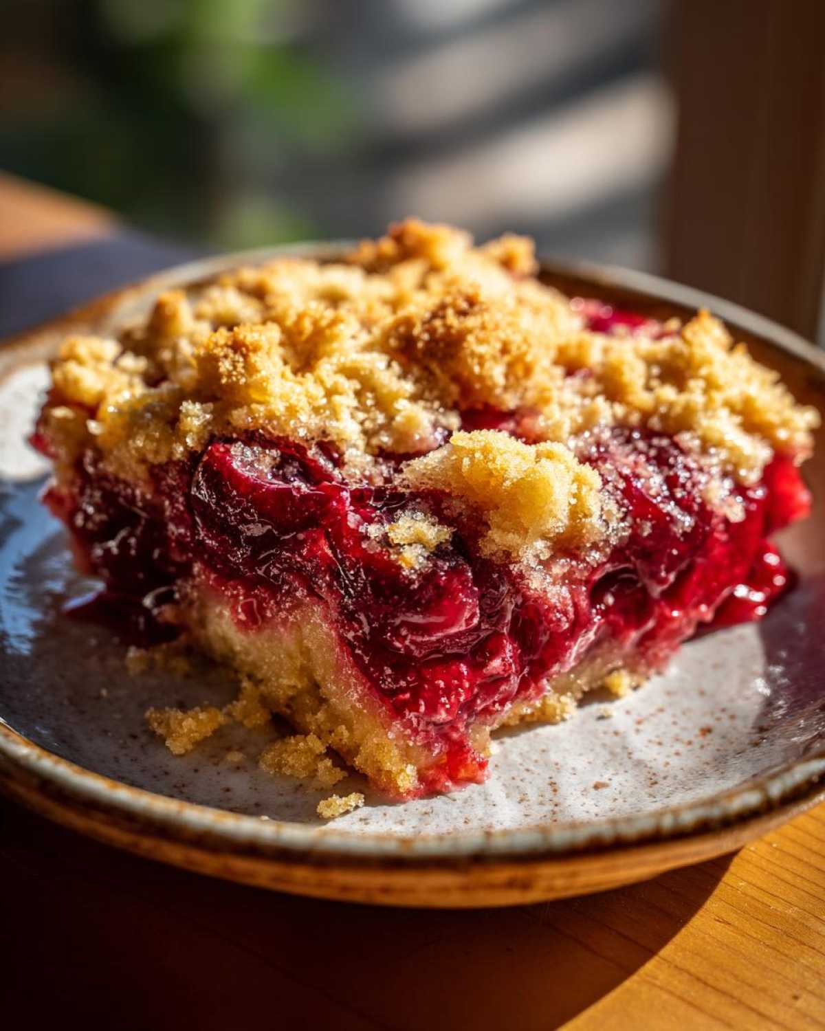 A close-up, sunlit slice of rich cherry dump cake showing a thick layer of bright red cherries under a golden crumble topping.