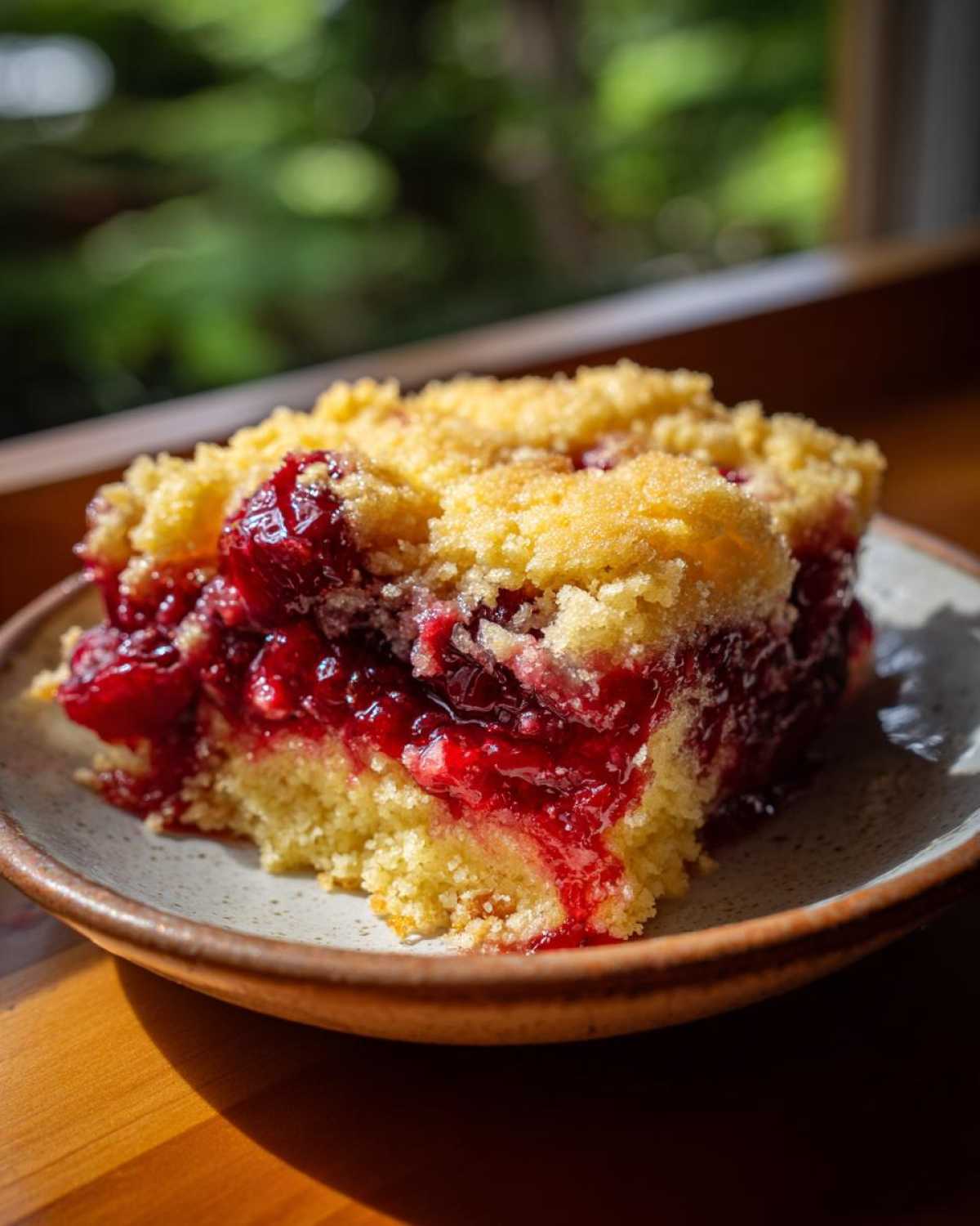 Close-up of a moist slice of cherry dump cake showing bright red cherry filling and a golden crumb topping.