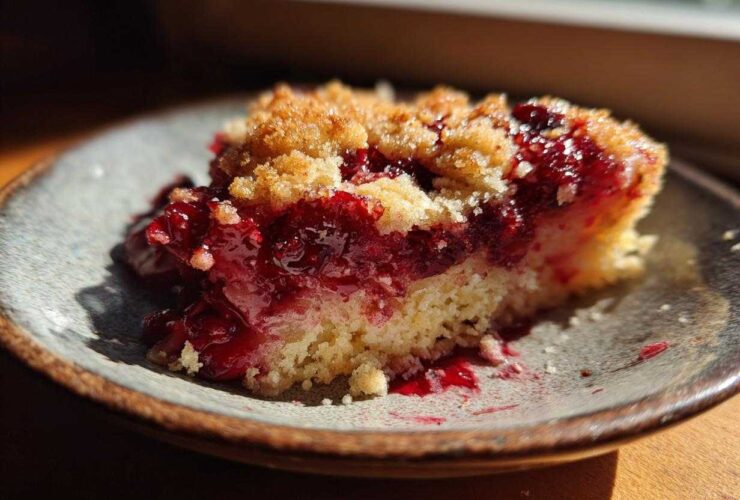 Close-up of a moist slice of cherry dump cake with a buttery crumble topping on a rustic plate.
