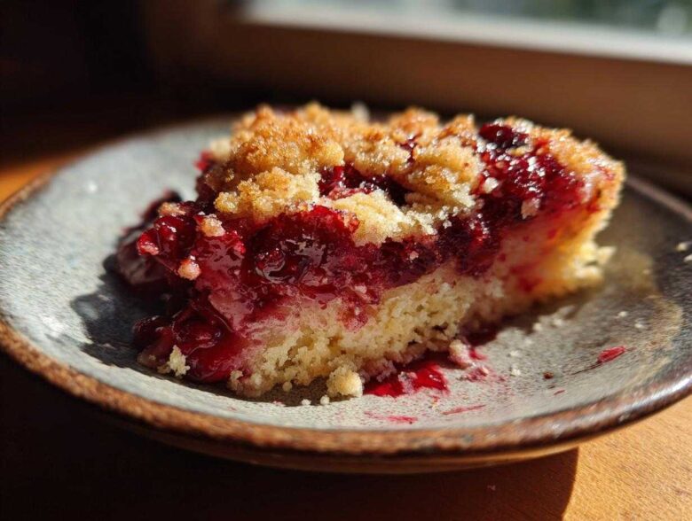 Close-up of a moist slice of cherry dump cake with a buttery crumble topping on a rustic plate.