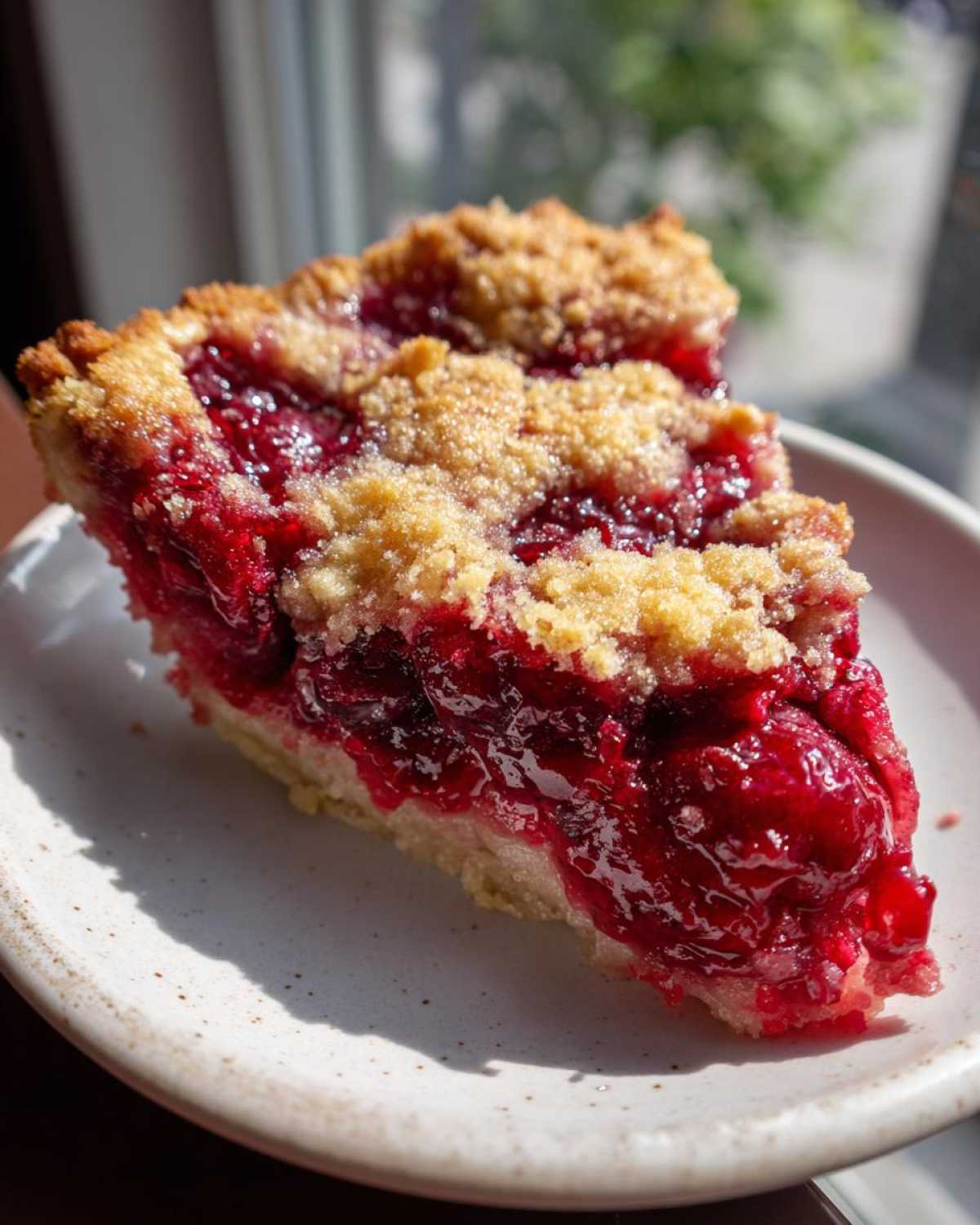 Close-up of a moist slice of cherry dump cake with a golden crumble topping on a white plate.