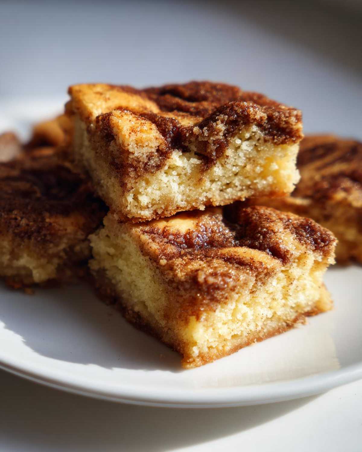 A stack of rich, square snickerdoodle blondies topped with a thick cinnamon swirl, resting on a white plate.