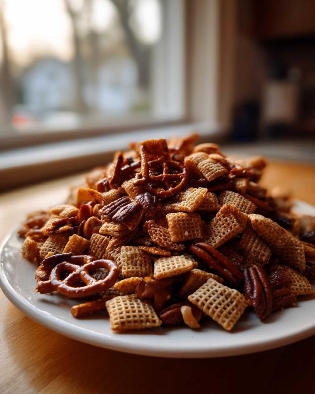 A mound of homemade chex party mix featuring Chex cereal, pretzels, and pecans piled high on a white plate.