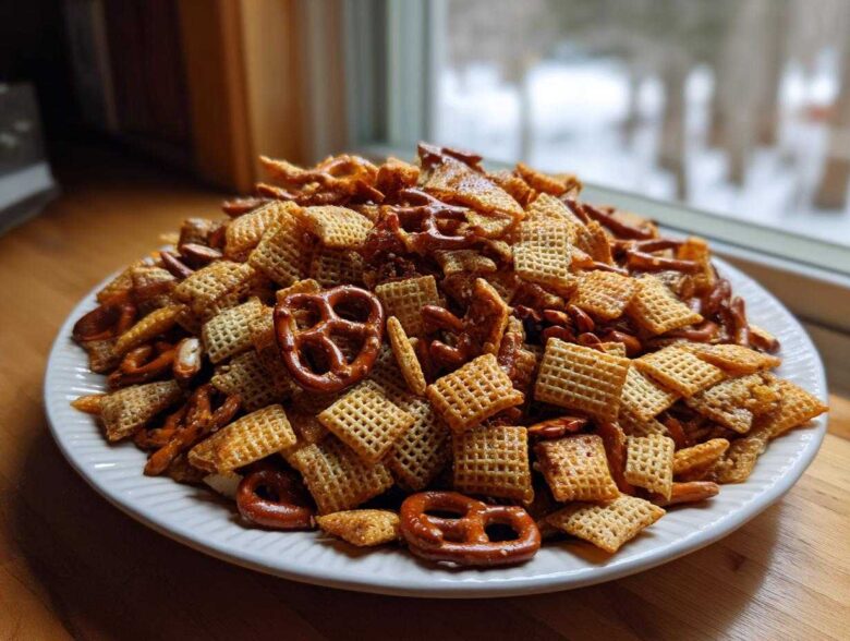 A large white platter piled high with homemade chex party mix, featuring cereal squares and pretzels.