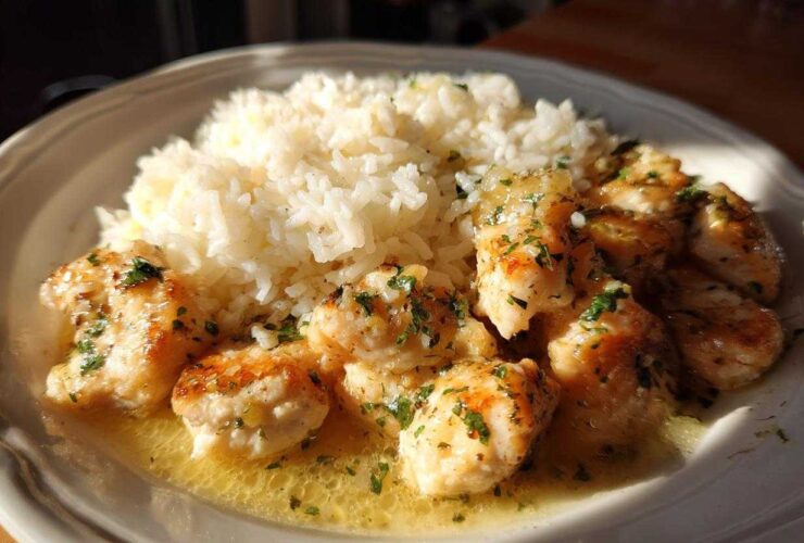 Close-up of tender chicken scampi pieces swimming in lemon-butter sauce next to a mound of white rice.