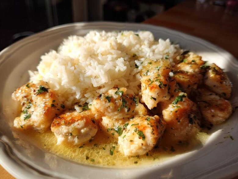 Close-up of tender chicken scampi pieces swimming in lemon-butter sauce next to a mound of white rice.