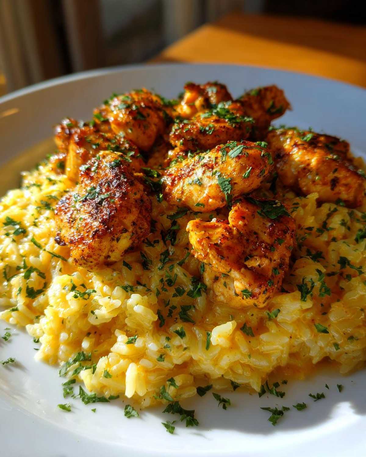 Close-up of seasoned chicken pieces served over creamy garlic parmesan rice, garnished with parsley.