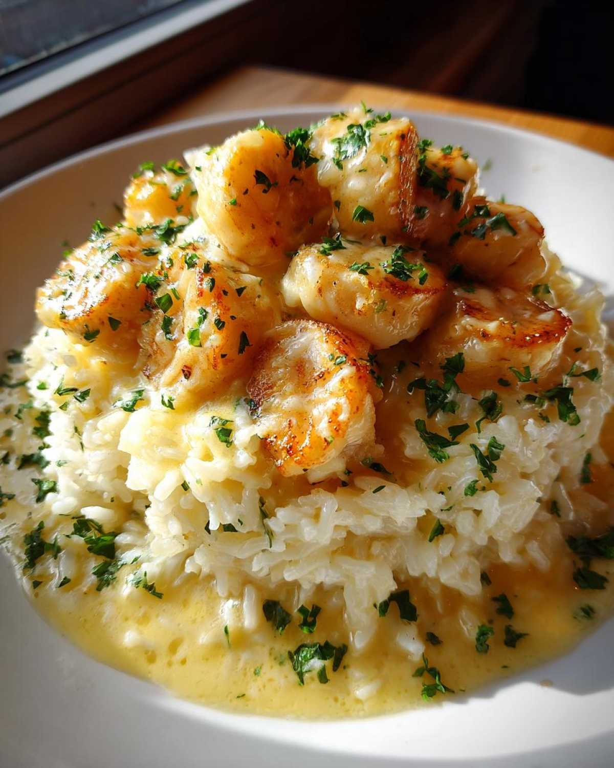 Close-up of plump shrimp served over garlic parmesan rice, drizzled with sauce and garnished with parsley.