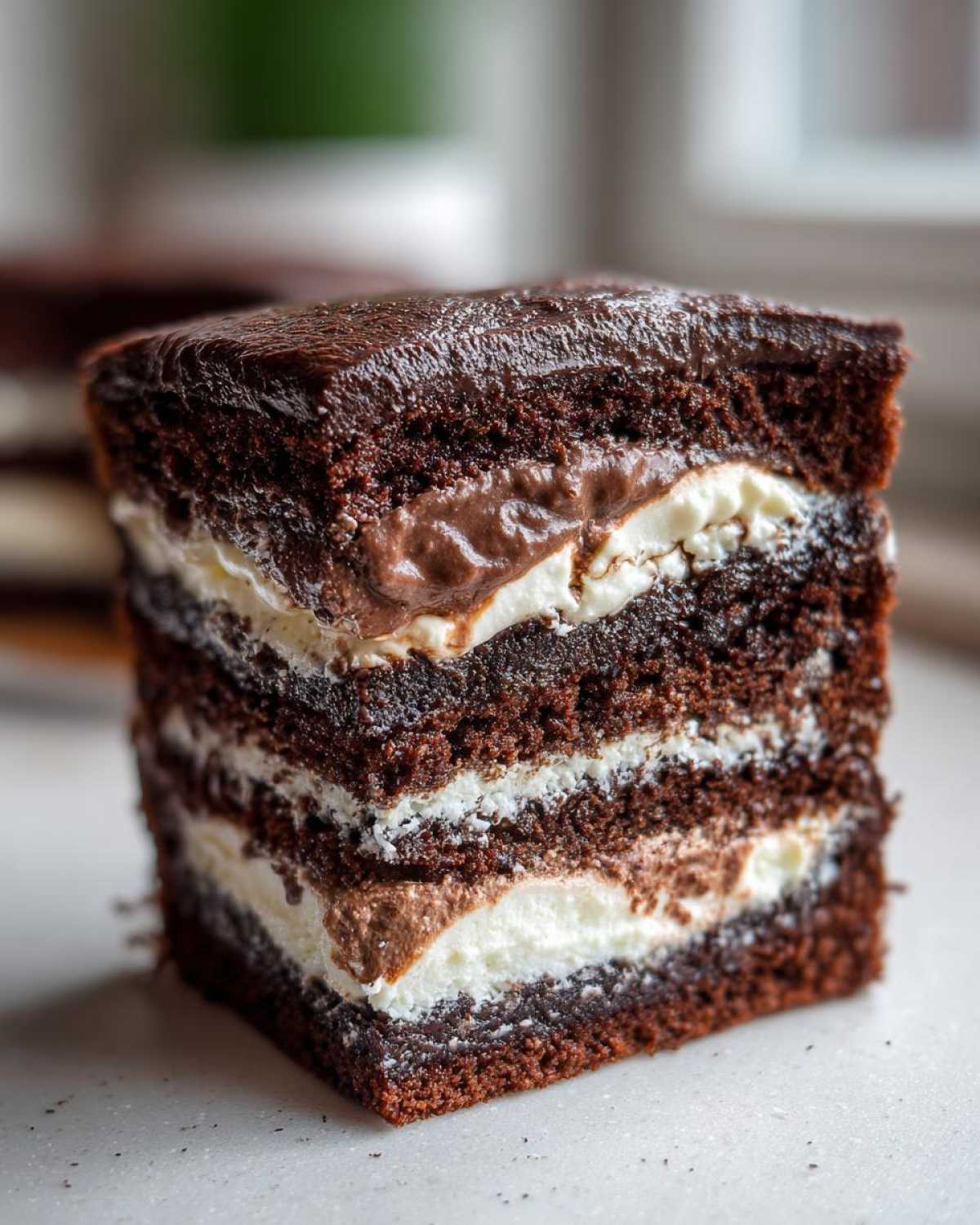 Close-up of a decadent, multi-layered chocolate cake slice, possibly Italian love cake, showing dark cake layers and white/chocolate cream filling.
