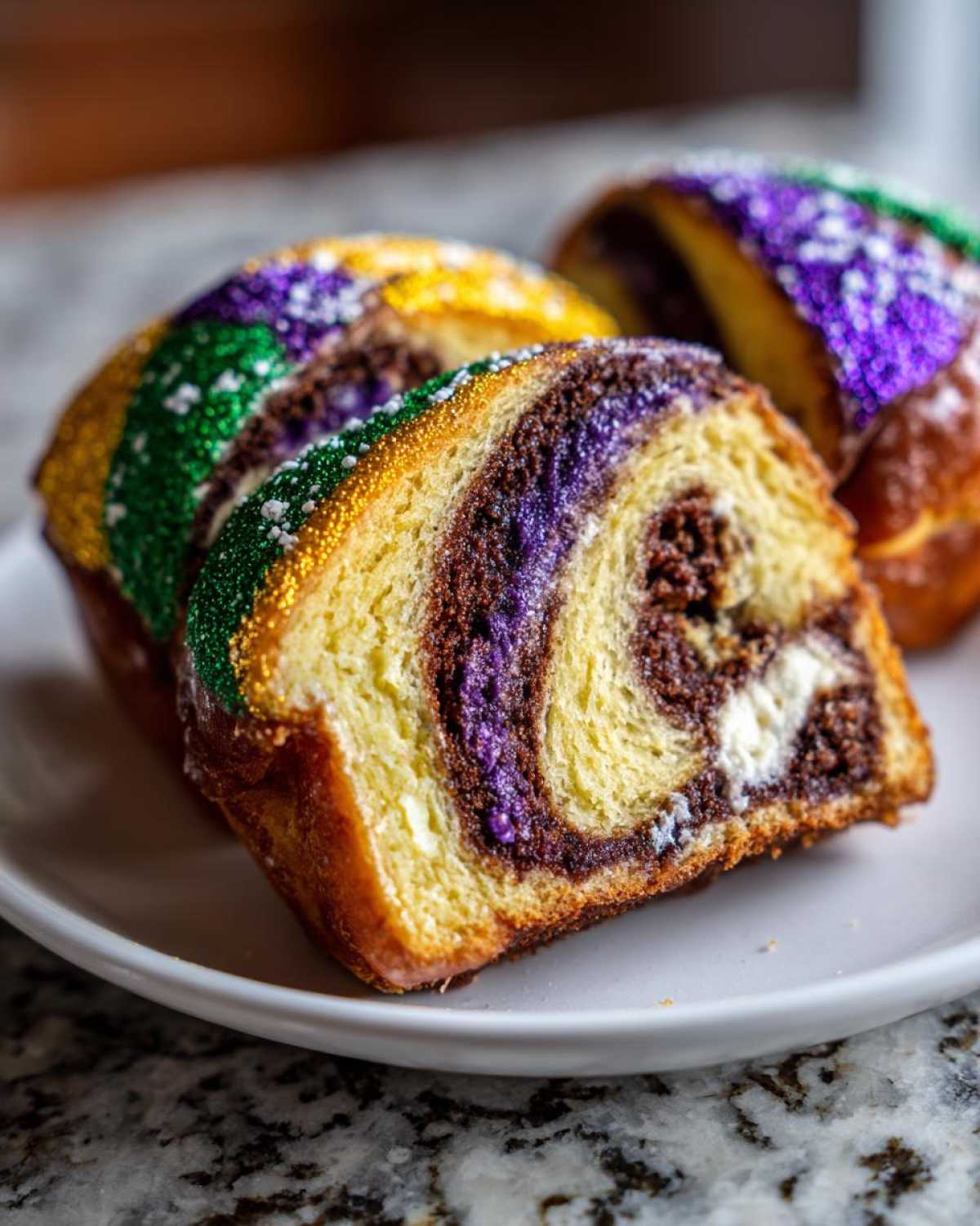 Close-up of sliced chocolate swirl king cake topped with purple, green, and gold sanding sugar.