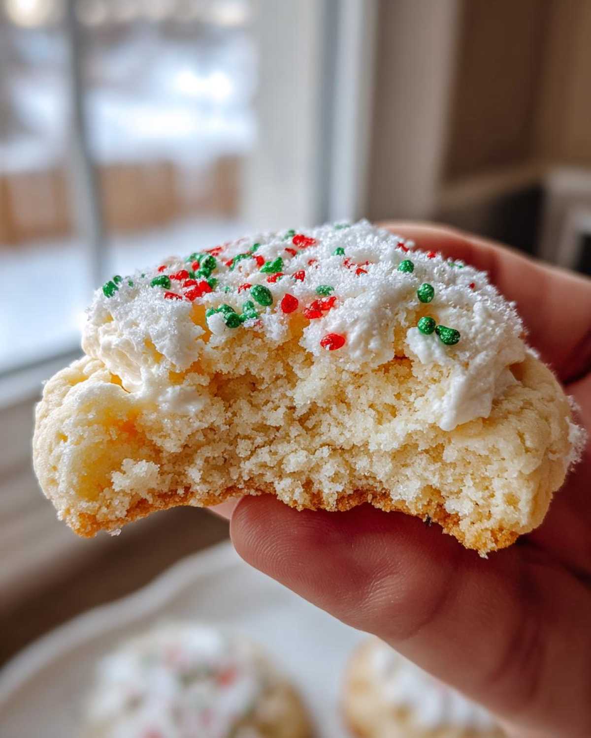 A hand holding a Christmas gooey butter cookie with a bite taken out, showing the soft interior and white frosting with red and green sprinkles.