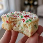 A person holding a square, gooey Christmas gooey butter cookies piece with red, green, and white sprinkles.