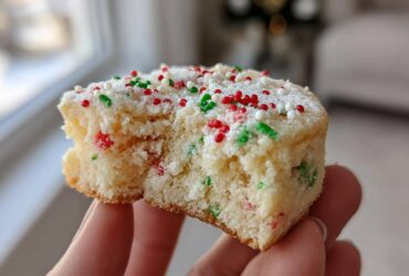 A person holding a square, gooey Christmas gooey butter cookies piece with red, green, and white sprinkles.