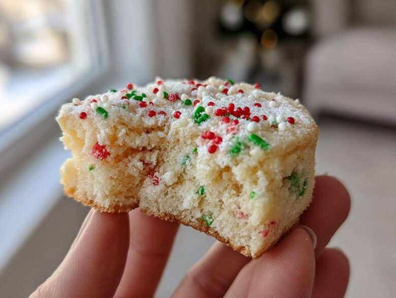 A person holding a square, gooey Christmas gooey butter cookies piece with red, green, and white sprinkles.