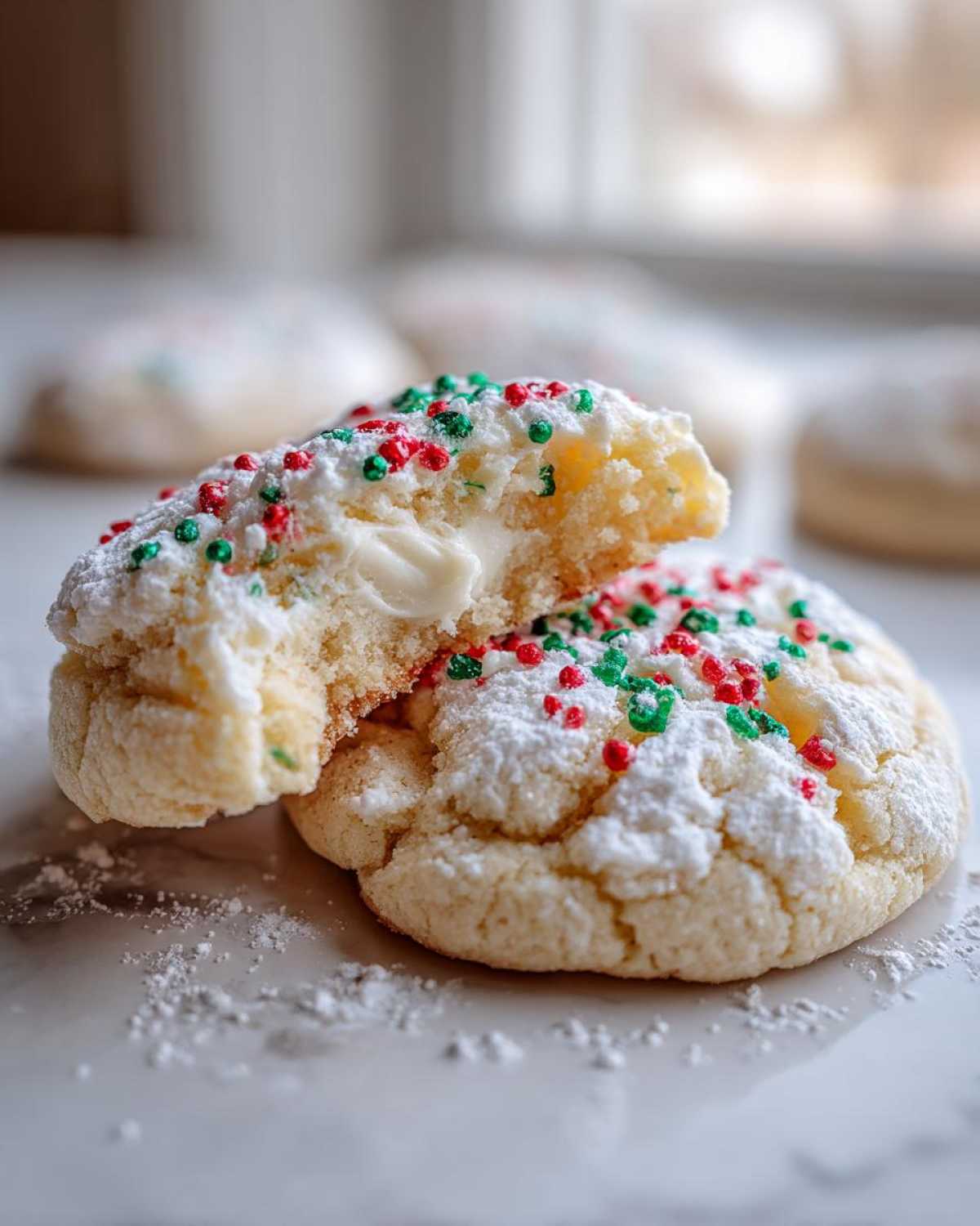 Close-up of Christmas gooey butter cookies, one broken open showing the creamy center and red/green sprinkles.