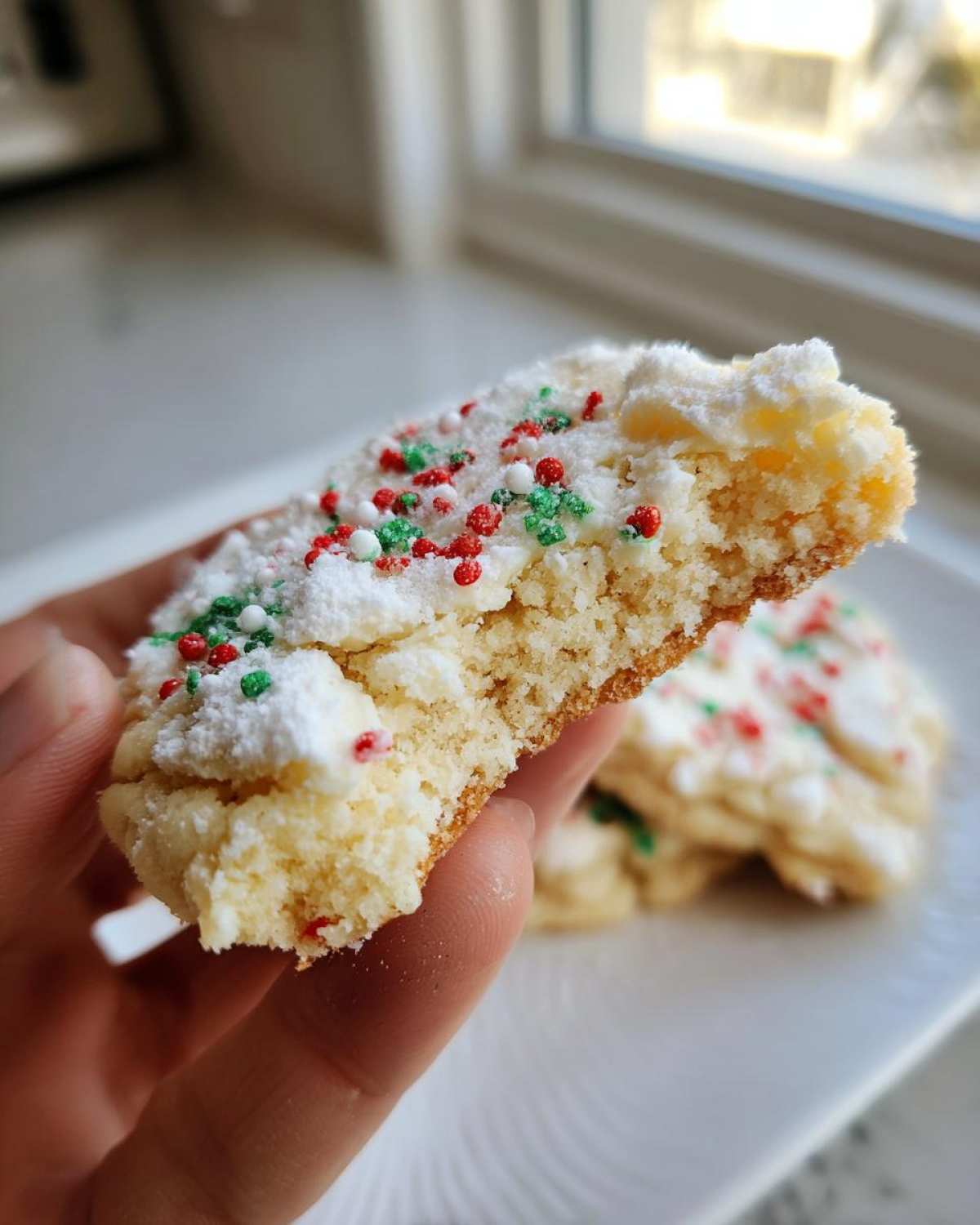A hand holds a cross-section of a Christmas gooey butter cookie showing its soft texture and white frosting with red and green sprinkles.