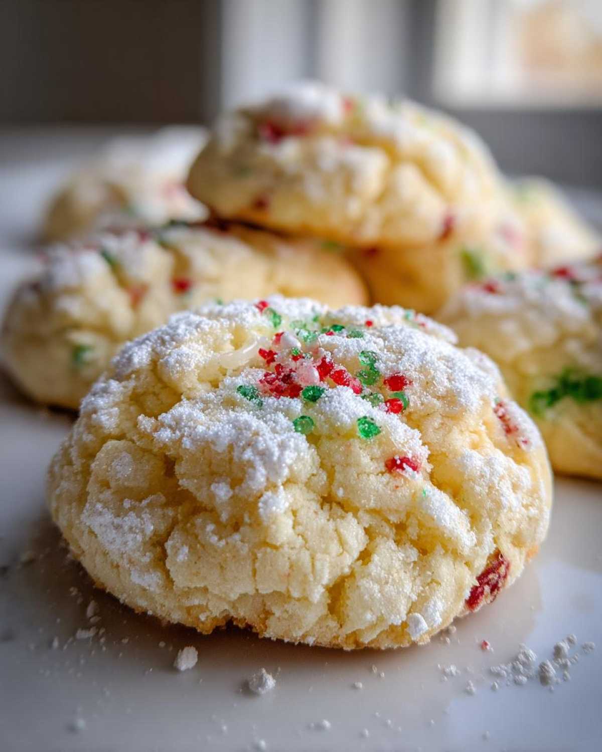 A close-up of a soft, crinkled Christmas gooey butter cookie dusted heavily with powdered sugar and red and green sprinkles.