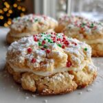 A close-up of a delicious Christmas gooey butter cookies sandwich cookie, topped with powdered sugar and red and green sprinkles.