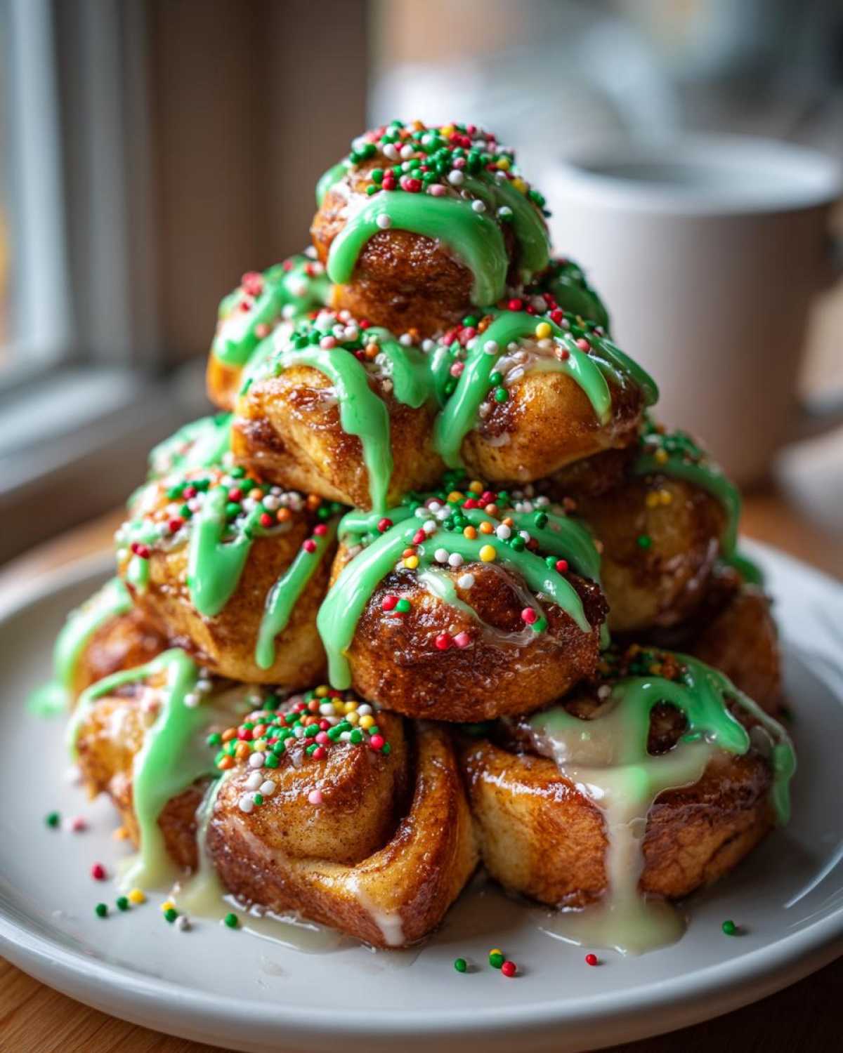 A stack of golden brown christmas tree cinnamon rolls drizzled with bright green icing and colorful sprinkles.
