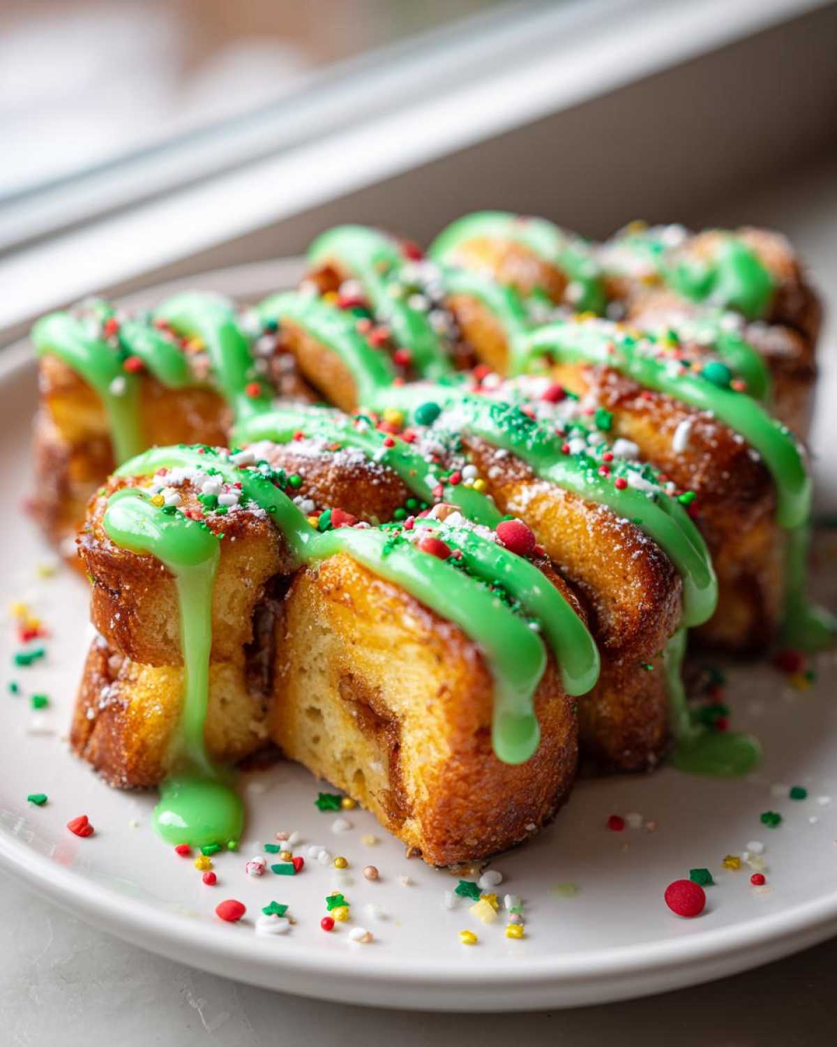 Close-up of baked christmas tree cinnamon rolls drizzled with bright green icing and festive sprinkles.